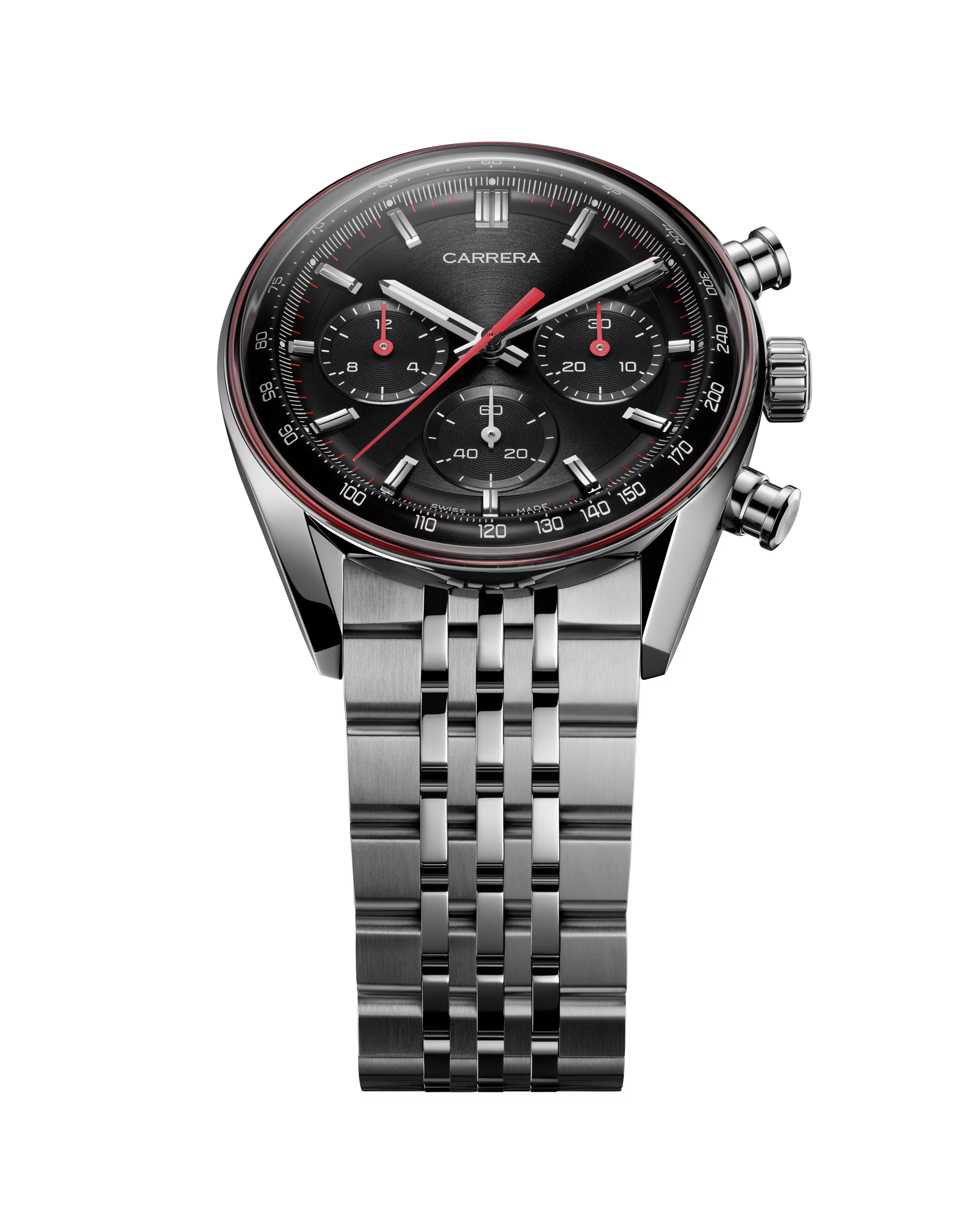 Carrera watch with black dial and silver bracelet on a white background